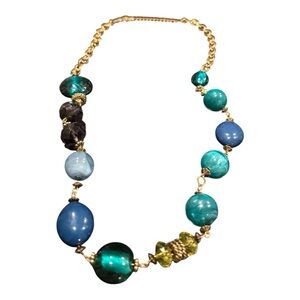 Artisan Glass Bead Necklace Teal Aqua Cobalt Purple Gold Tone 18–21”